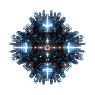 Symmetrical, futuristic, crystalline,  machine-like design
