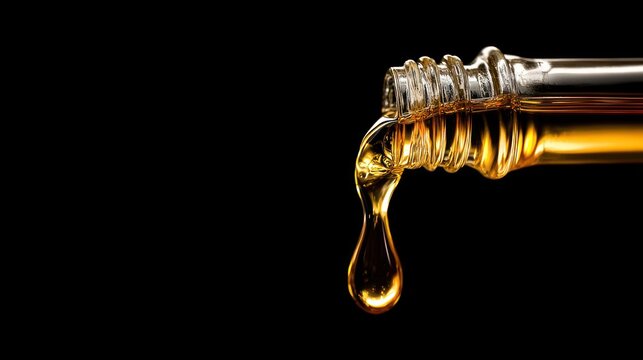 Golden liquid drips from a bottle