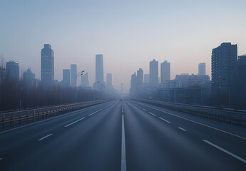 Fototapeta premium Empty Highway Leading to a Misty Cityscape