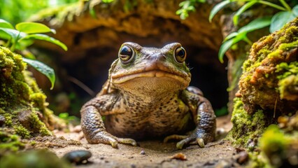 Fototapeta premium A large amphibian, possibly a toad, emerges from a mossy crevice, its powerful physique and striking eyes captivating the viewer in a detailed close-up shot.