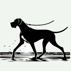 Great Dane Dog Walking on the beach. Retro Cartoon Clipart Silhouette Stock Vector Line Art Illustration. Huge hound stroll sand near ocean canine enjoyment at shoreline.