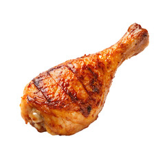A single grilled chicken drumstick with crispy skin isolated on a black background in close up view
