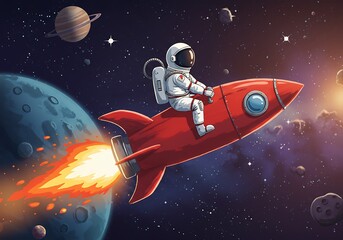 Astronaut rides a retro red rocket through a vibrant galaxy with planets and stars
