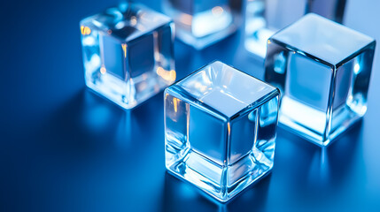Obraz premium Clear Ice Cubes on a Blue Surface