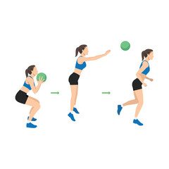 Woman doing Medicine Ball Throw and Chase exercise. Flat vector illustration isolated on white background