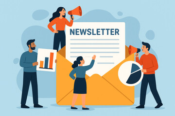 People announcing newsletter with charts and megaphones collaboration communication