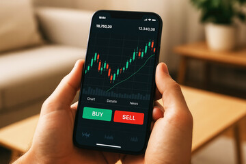 Person holding smartphone displaying stock market chart with buy and sell buttons