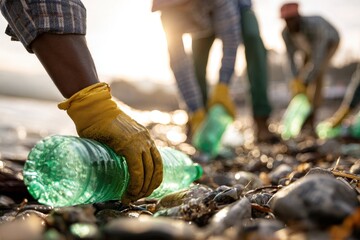 Diverse group picking up plastic bottles on a beach