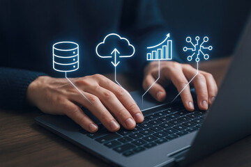 Person typing on laptop interacting with holographic datAIcons keyboard hands