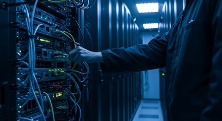 Technician working on server racks in a dimly lit data center with blue lighting