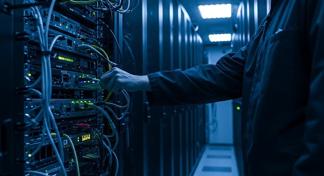 Technician working on server racks in a dimly lit data center with blue lighting - Powered by Adobe