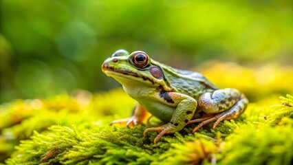 Naklejka premium A Vibrant Green Frog Perched on a Lush Bed of Moss in a Sunny Meadow