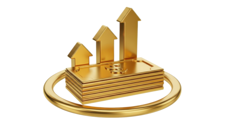 Golden arrows trending up on money stack isolated PNG with Transparent Background