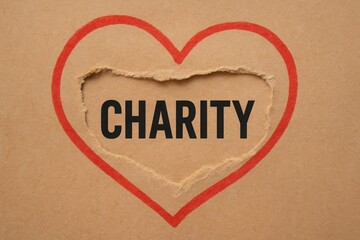 Heart shape with the word charity revealed through torn paper