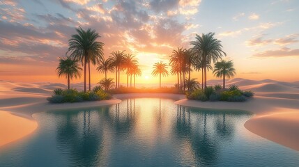 Oasis at sunset in a desert landscape.