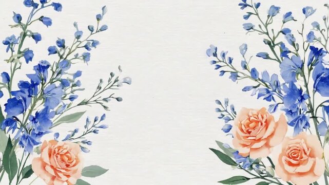Elegant watercolor floral border with soft peach roses and blue delphiniums