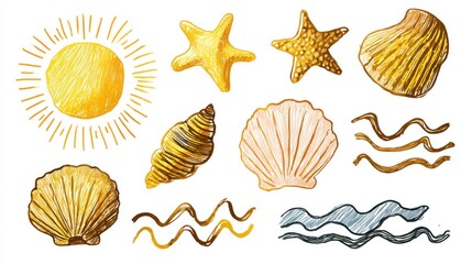 Obraz premium Hand-drawn seashells, sun, and waves
