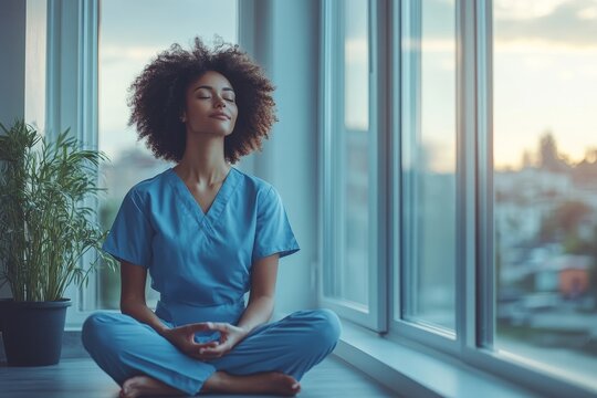 Female nurse or doctor enjoying free time at home after work, meditating by the window to relax. This scene highlights the importance of work-life balance for healthcare professionals, Generative AI - Powered by Adobe