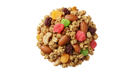 Overhead shot of a granola mix with nuts, dried fruit and colorful candied pieces   ai generative, transparent background, white background.