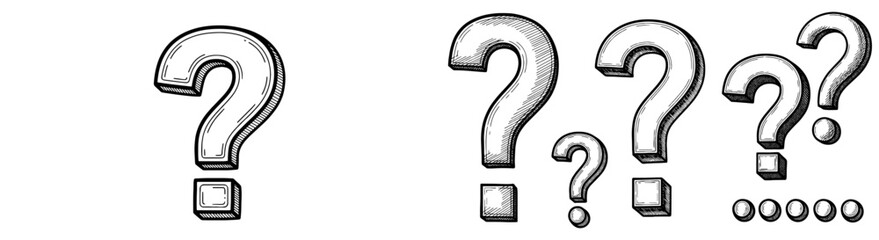 Sketched question marks in varied sizes. Question, uncertain, doubt, query, confusion, questioning, exploration, searching, problem, solution, inquiry, unknown.