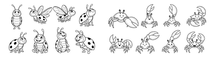 Obraz premium Cute bugs and crabs, cartoon illustrations. Fun, playful insects and crustaceans, comic characters.