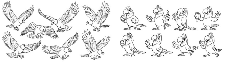 Fototapeta premium Cartoon birds. Eagles and parrots with expressions. Nature drawing, wild, wildlife, avian, birdlife, character, mascot, animals, cute, art, happy, flight, outdoors.