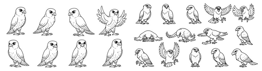 Cartoon hawks in various poses, simple line art. Birds of prey, falconry, avian, wildlife, predator, scavenger, strong, majestic, nature, design, illustration.