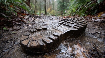 Hiking boot sole on muddy trail