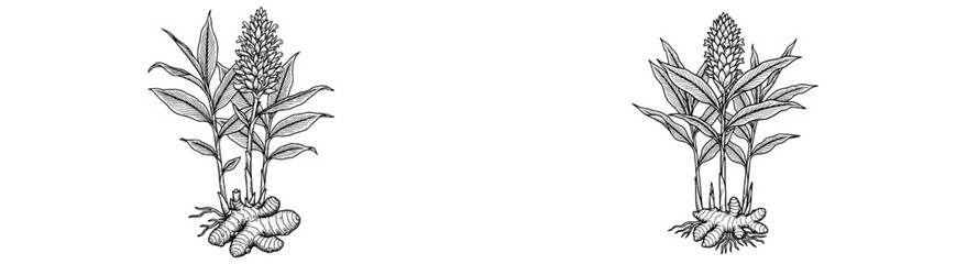 Ginger plant sketches, rhizomes with leaves and flower. Natural, botanical illustration, spice, plant, root, cooking, food, healthy, herb, drawing, organic, botanical.