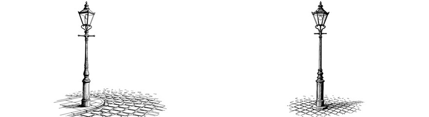 Old street lamp posts illustration. Vintage city lighting with cobblestone. Black and white line drawing, urban design, classic, streetlight, antique, historic, nostalgia.