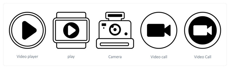 A set of 5 mix icons as video player, play, camera