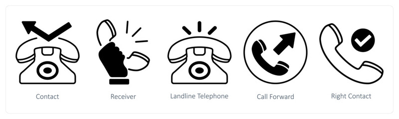 A set of 5 mix icons as contact, receiver, landline telephone