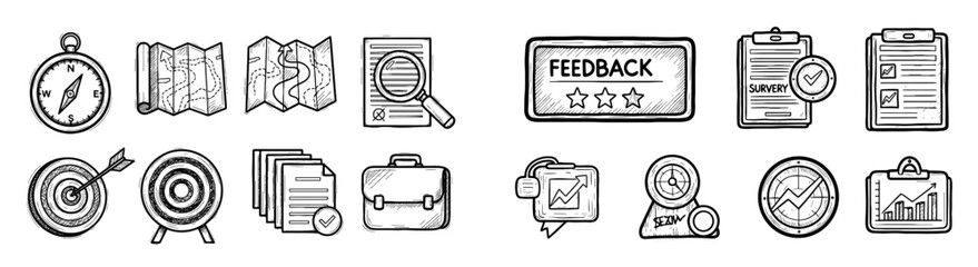 Various doodles illustrate business planning concepts. Strategy, research, feedback, success, target, survey, analysis, growth.