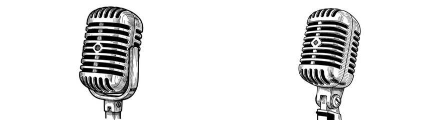 Two vintage microphones drawn in black and white. Classic, retro audio devices, recording, podcast, broadcast, speech, music, entertainment, media, sound, voice.