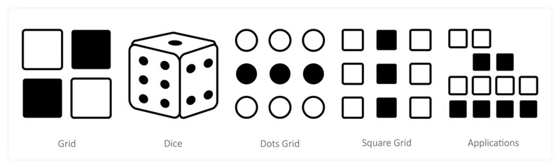 A set of 5 mix icons as grid, dice, dots grid