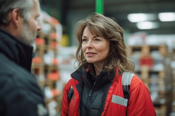 Female warehouse director discussing a new order with a production manager, ensuring timely preparation and shipment of products, Generative AI