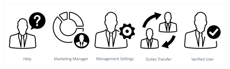 A set of 5 mix icons as help, marketing management, management settings