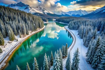 Serene winter landscape of a turquoise lake surrounded by snow covered pine forests and majestic mountains