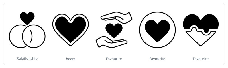 A set of 5 mix icons as relationship, heart, favorite