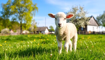 Adorable lamb portrait in a lush spring meadow with idyllic farm scenery