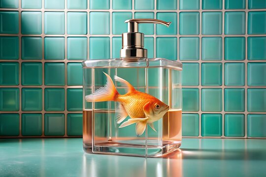 Surrealism meets everyday objects a goldfish swims inside a clear soap dispenser