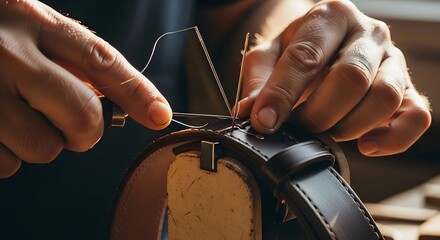 Handcrafted leather belt construction: The art of saddle stitching with meticulous needlework, A craftsman's dedication to quality: Hand-sewing a premium leather belt with precision