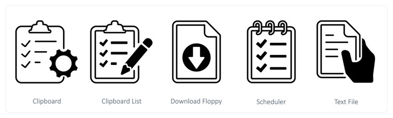 A set of 5 mix icons as clipboard, clipboard list, download floppy
