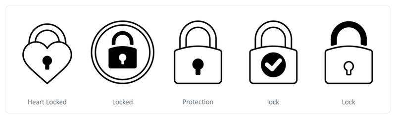 A set of 5 mix icons as heart locked, locked, protection