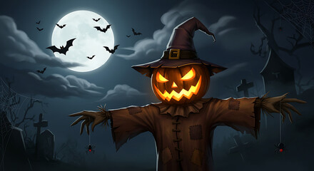 Spooky Halloween Night A Menacing Cartoon Scarecrow with Glowing Jack-o'-lantern Head Under a Full Moon