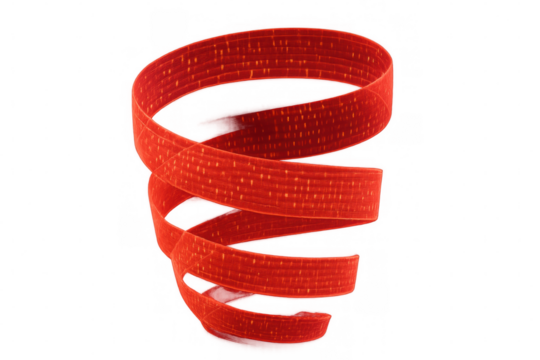 Luminescent red digital ribbon spiraling on transparent backdrop, representing innovative technological communication design