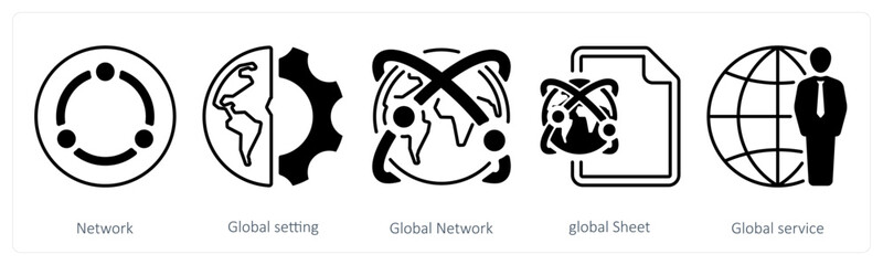A set of 5 mix icons as network, global setting, global network