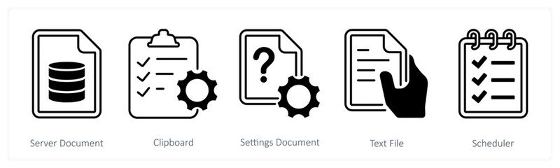 A set of 5 mix icons as server document, clipboard, setting document