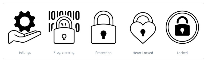 A set of 5 mix icons as settings, programming, protection