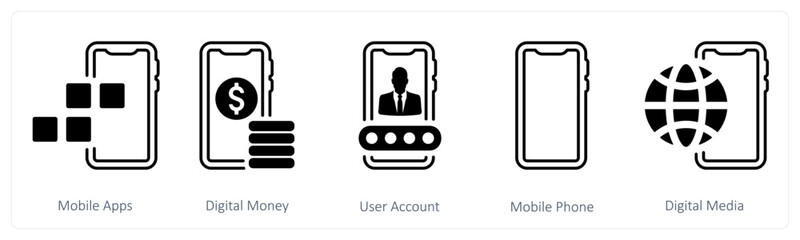 A set of 5 mix icons as mobile apps, digital money, user account